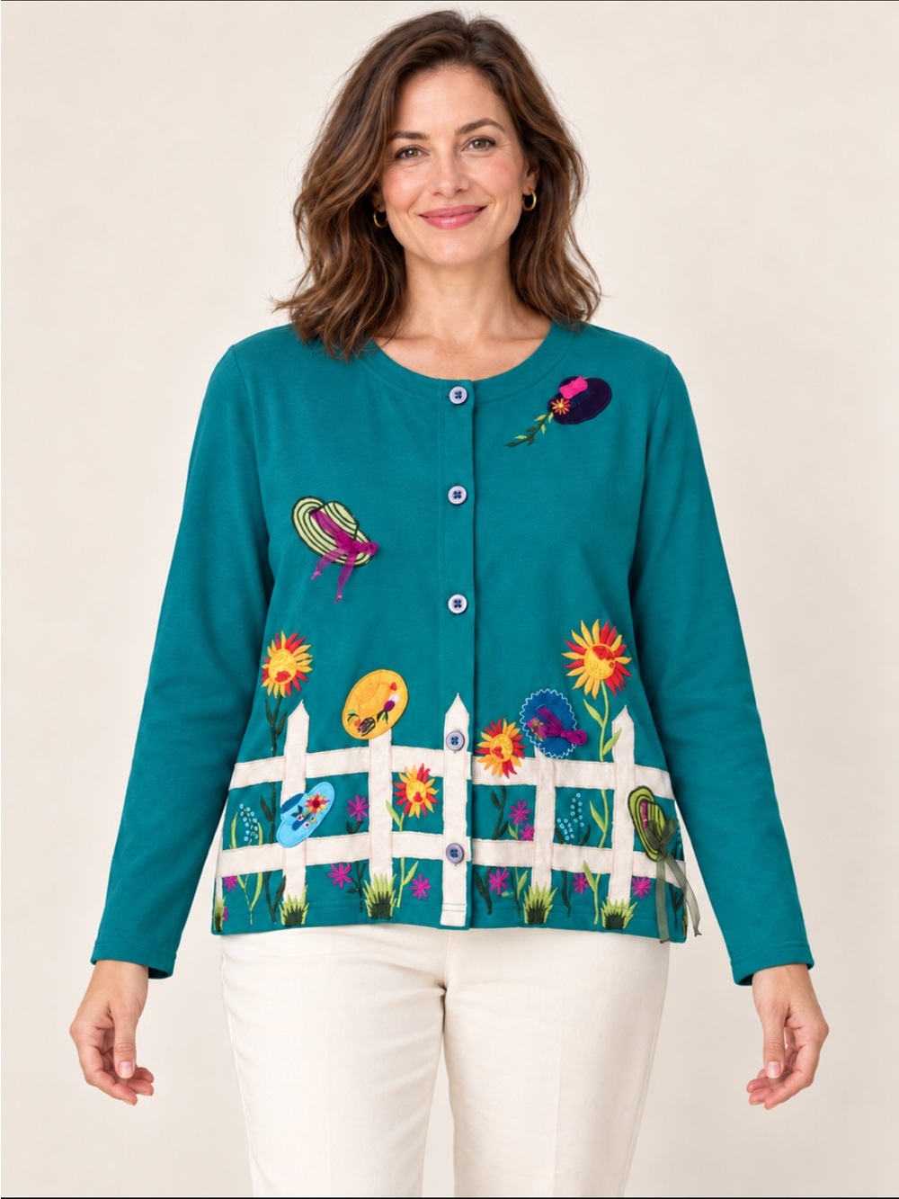 Michael Simon Lite Teal Embroidered Garden Cardigan Size Medium